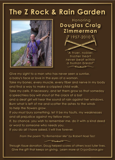 Plaque in rain garden dedicated to Doug